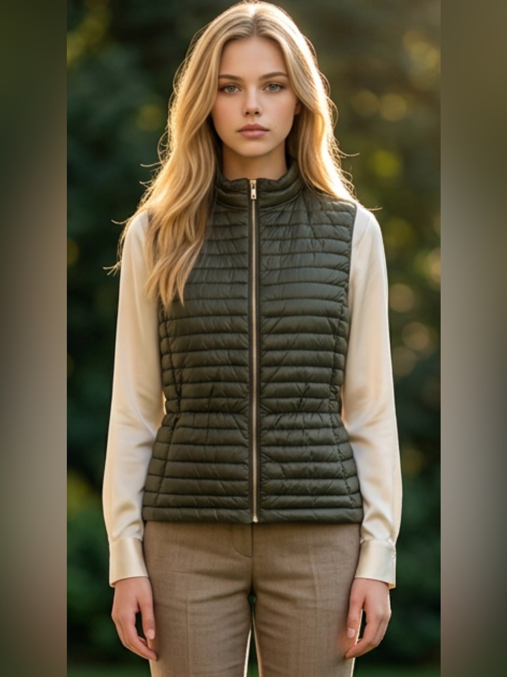 Massimo Dutti Olive Quilted Lightweight Vest